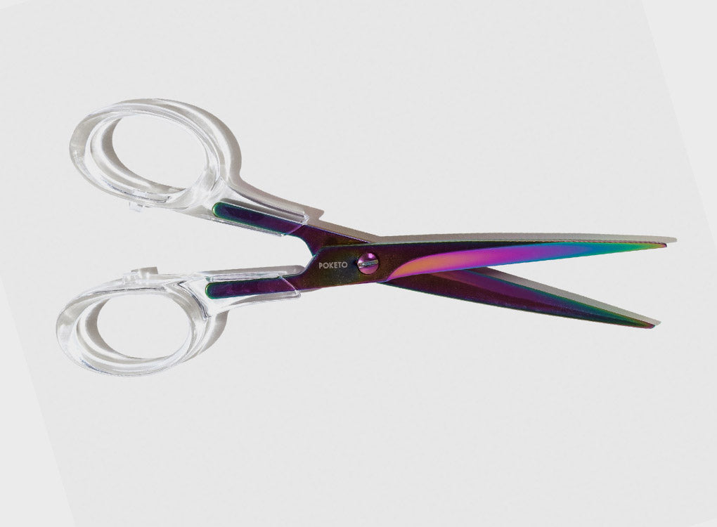 Poketo iridescent acrylic scissors in rainbow colours.