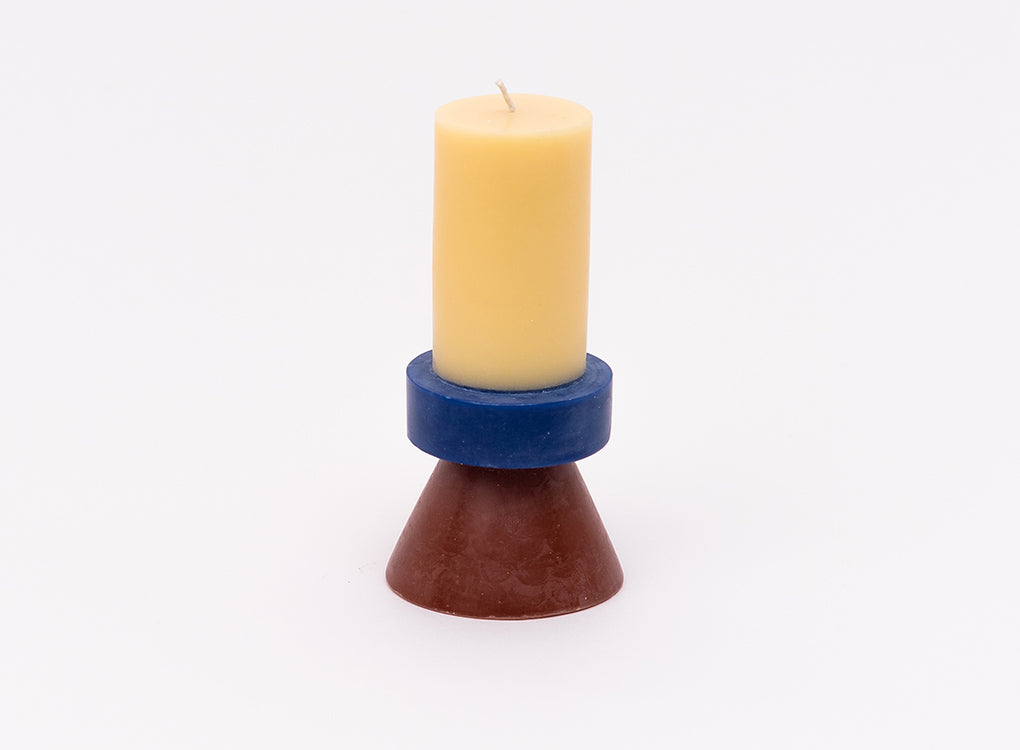 Yod & Co tall stack handmade candle in banana yellow, navy blue and chocolate brown