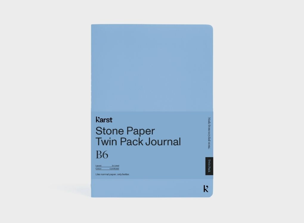 Karst Stone Paper B6 twin pack lined journal in Cornflower Blue with minimalist wrap packaging.