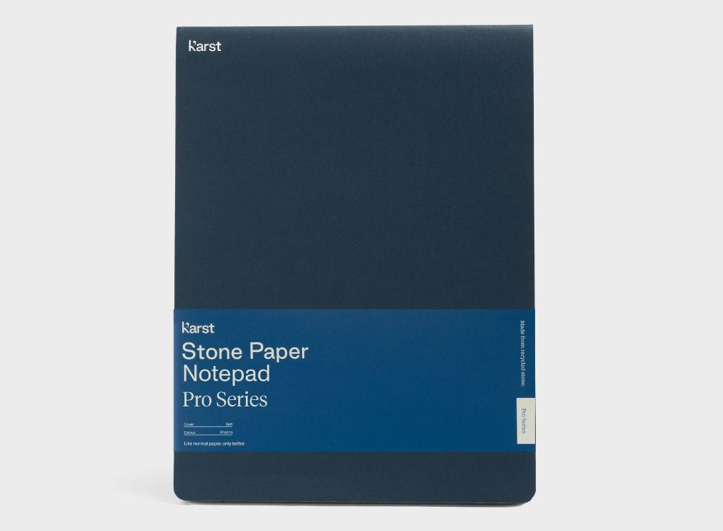 Karst Stone Paper Pro Series Pad with navy soft cover and blue band packaging