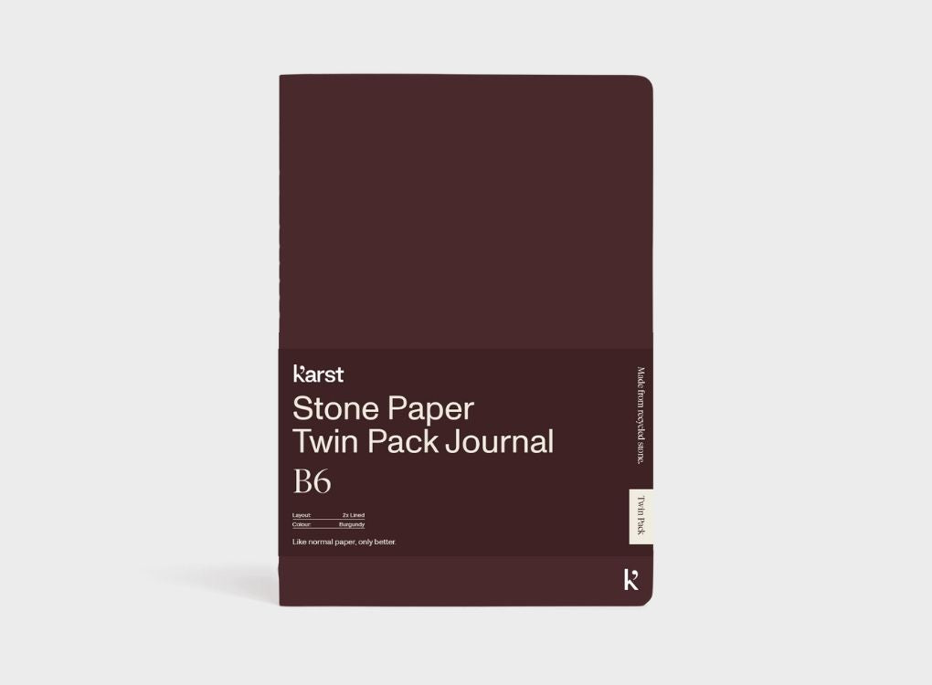 Karst Stone Paper B6 twin pack lined journal in Burgundy with minimalist wrap packaging.