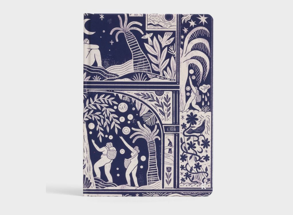 Karst limited edition Mark Conlan hardcover notebook with navy and white illustrated cover featuring whimsical nature and travel-inspired scenes.