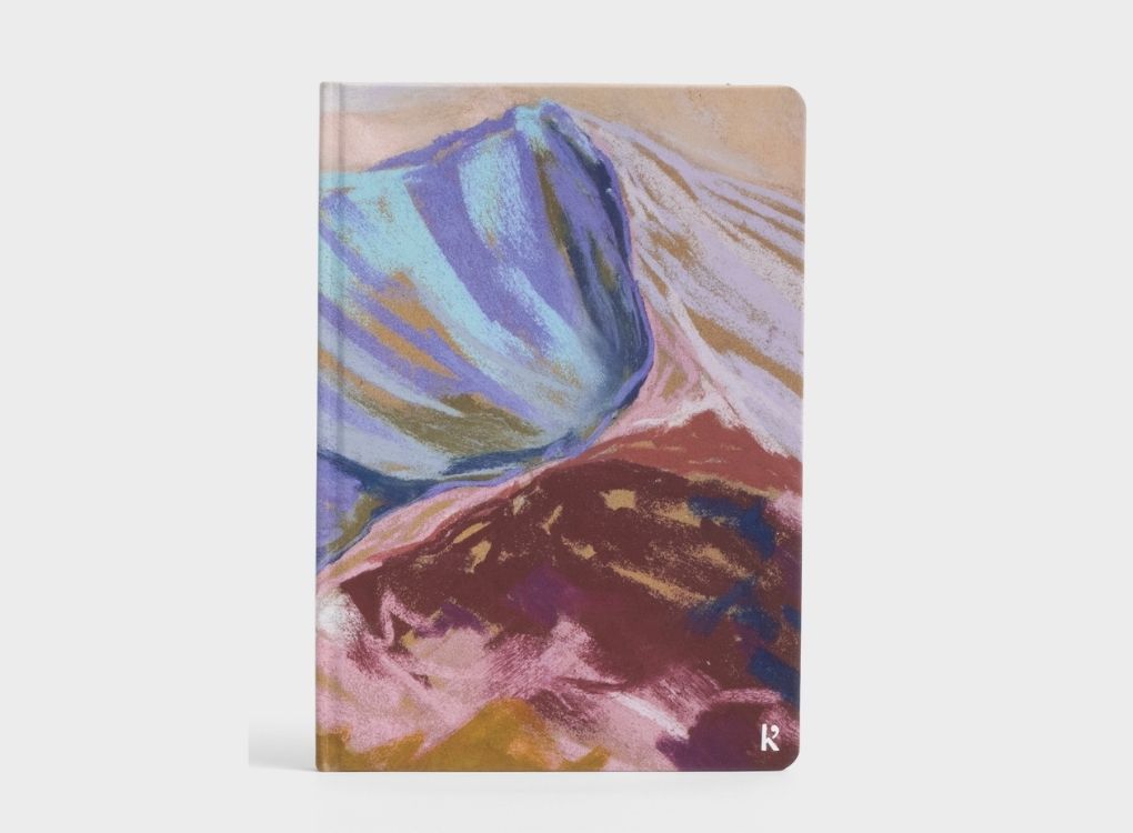 Karst limited edition Mandy Maria hardcover notebook featuring the Velvet Peak artwork in soft pastel mountain-inspired tones.