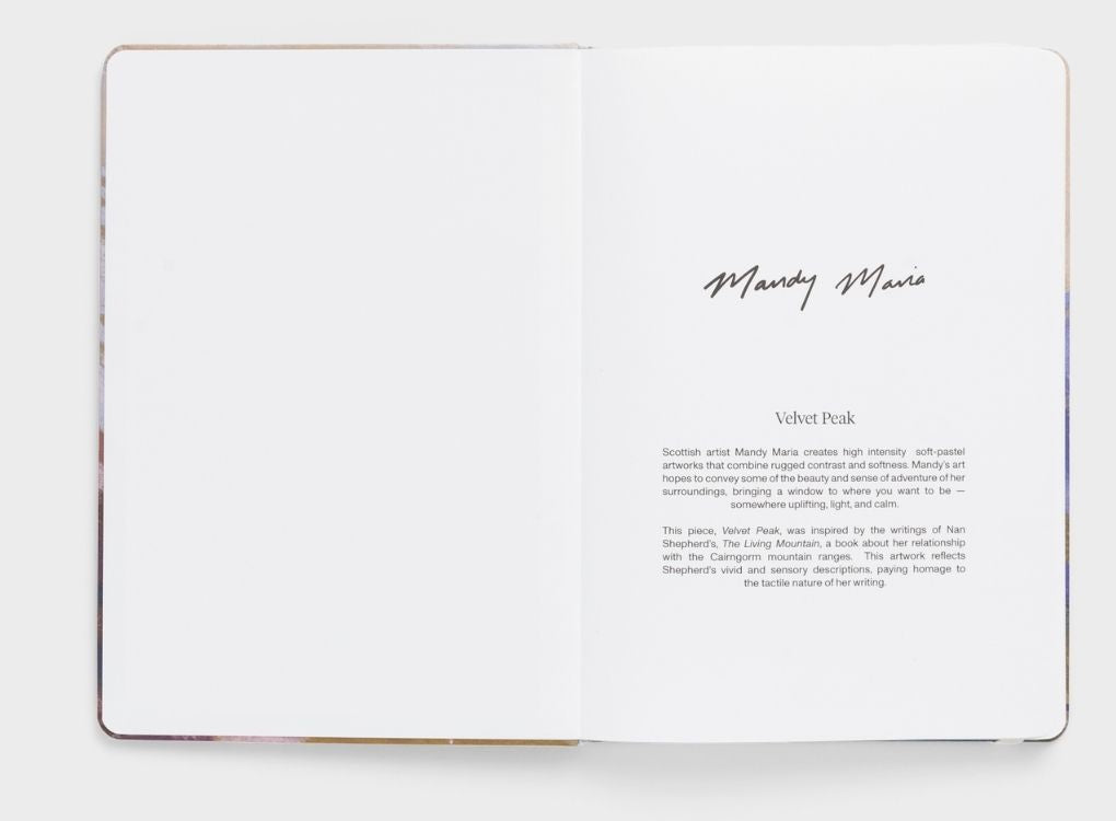 Karst limited edition Mandy Maria hardcover notebook featuring the Velvet Peak artwork in soft pastel mountain-inspired tones.