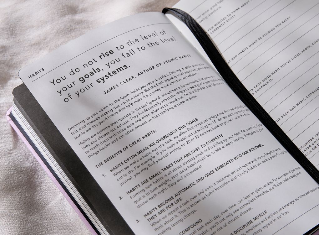 From Little Things 202 Weekly Spread Diary Habits Page against soft beige background.