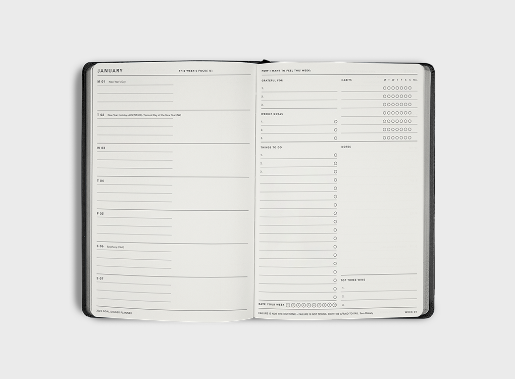 MiGoals Bold Goal Digger Diary page -  Weekly Focus Spread