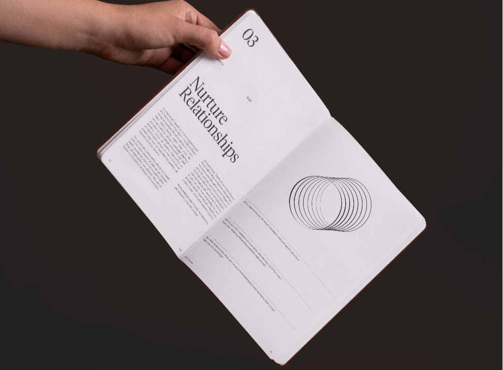 A person’s hand holds open a Karst 2026 Weekly Planner to a spread titled “03 Nurture Relationships.” The left page features the heading in large serif font, followed by several short paragraphs of text in small print. The right page contains a minimalist abstract line illustration of overlapping circles, with three horizontal lines for writing prompts below it. The background is a solid dark color, emphasizing the white pages of the planner.