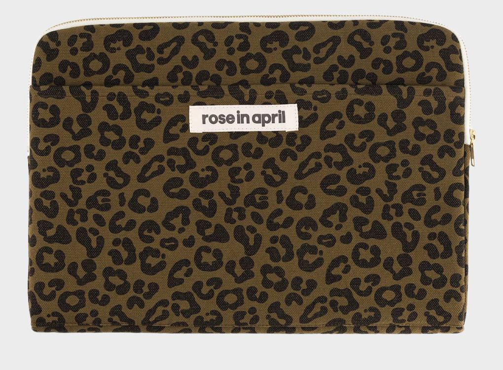 Olive Leopard Print Laptop Sleeve – Trendy and protective sleeve for 13&quot; and 14&quot; laptops, featuring a bold olive leopard print design.