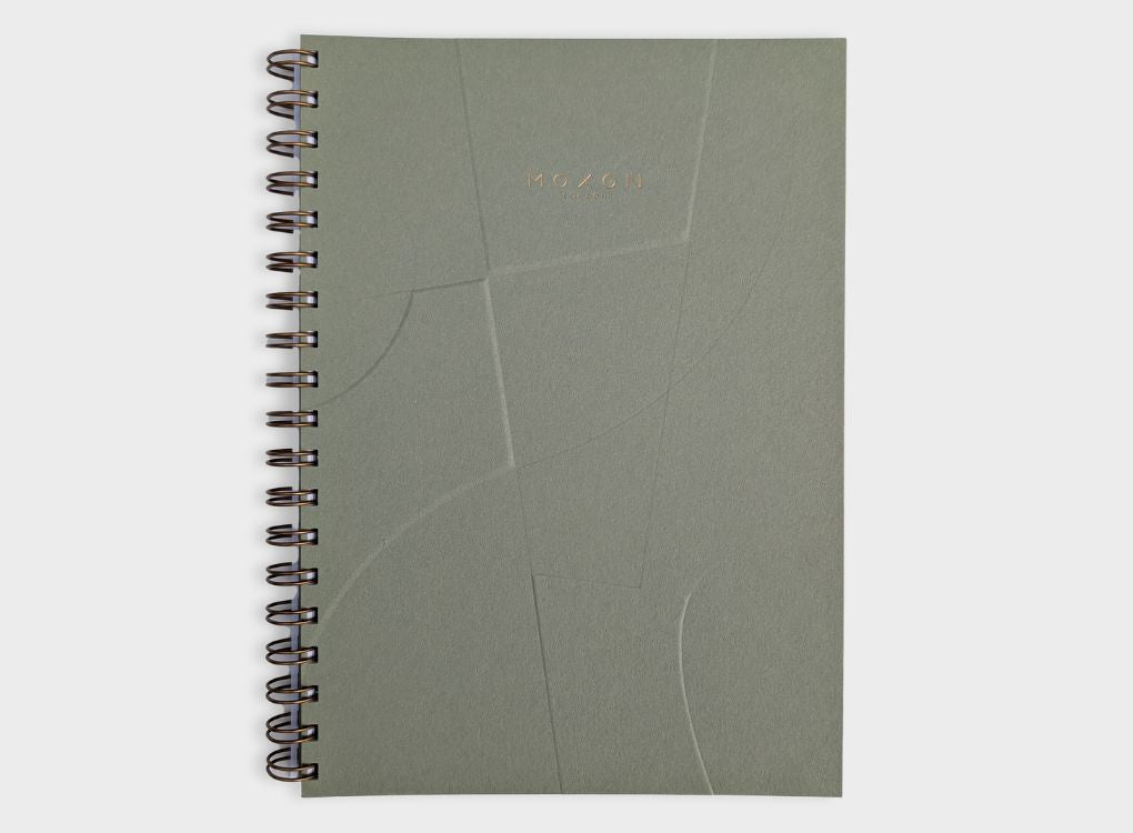 MOXON form B5 notebook in Mint Green. Wirebound notebook with gold foil details. Made using recycled paper.