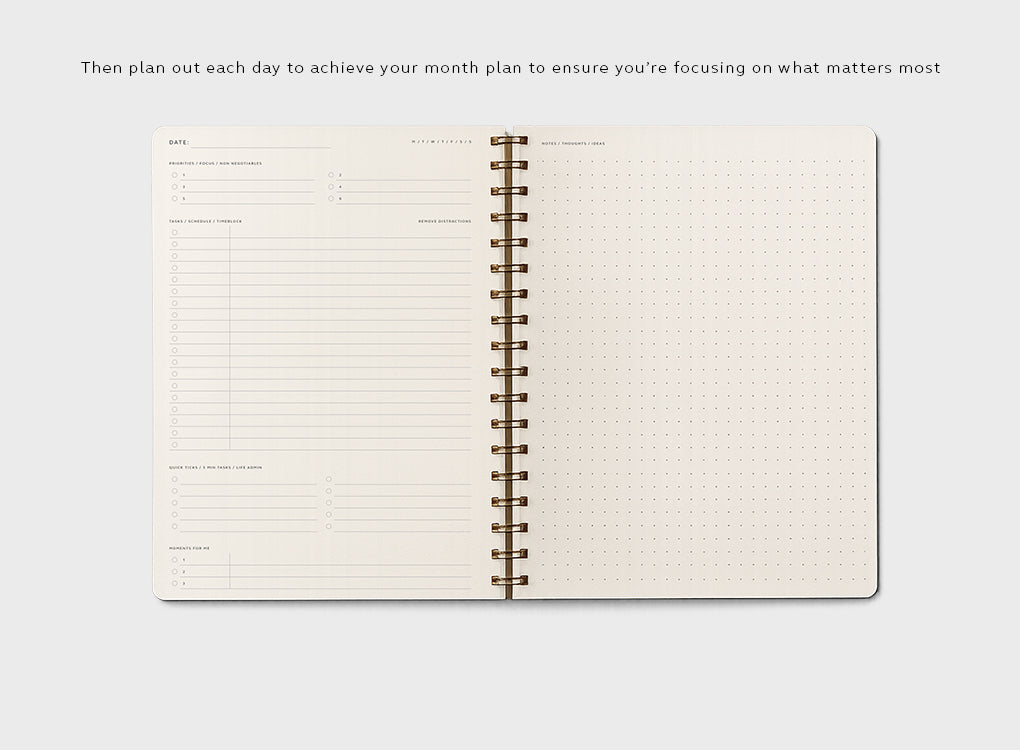 Inside layout of MOXON daily planner. include space for both life and work tasks, priorities and a page for notes.
