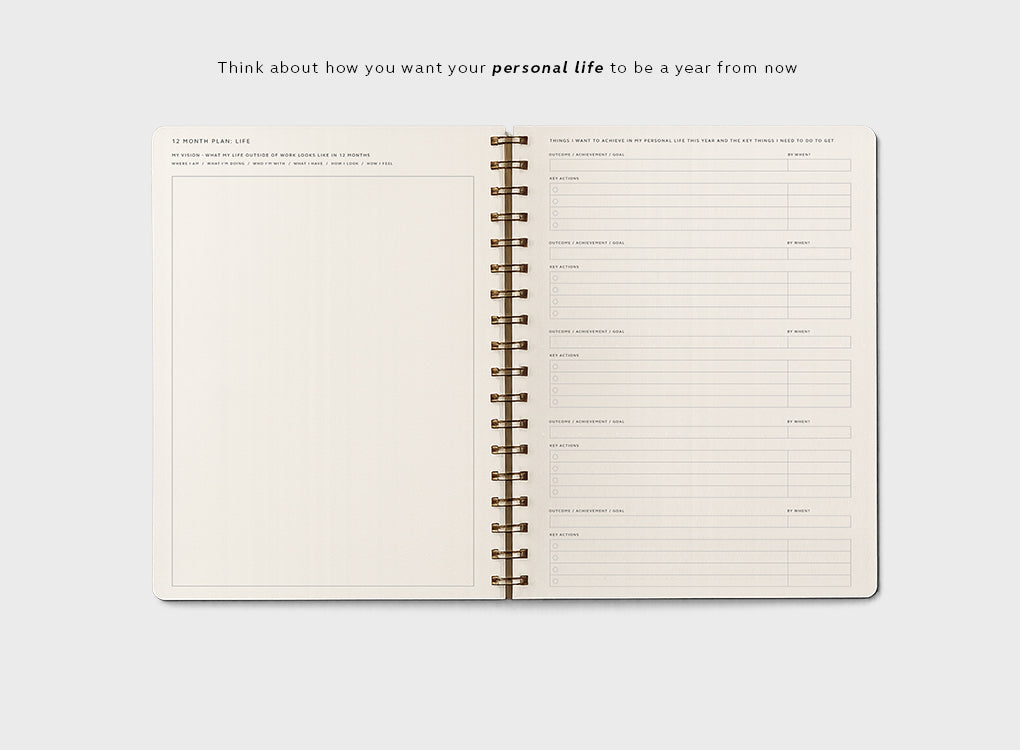 MOXON daily planner open on the how to plan your personal life page. Shows features and breakdowns of how to plan. 