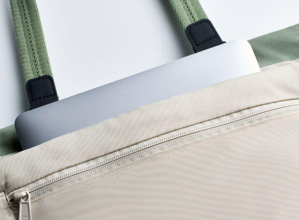 Laptop in laptop pouch of A3 Eucalypt Tote Bag.