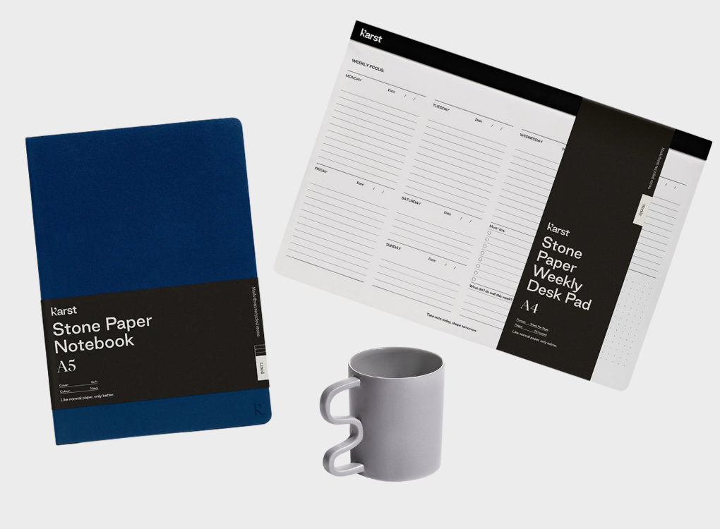 OFFICE ESSENTIALS BUNDLE INCLUDES - SOFTCOVER NOTEBOOK, WEEKLY DESK PAD AND ANNIKA SHAPES MUG