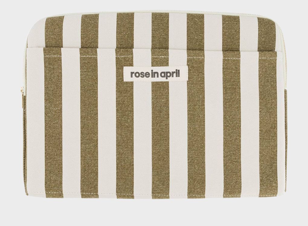 Olive and Beige Stripes Laptop Sleeve – Stylish and protective sleeve for 13&quot; and 14&quot; laptops, featuring a chic olive and beige striped design.
