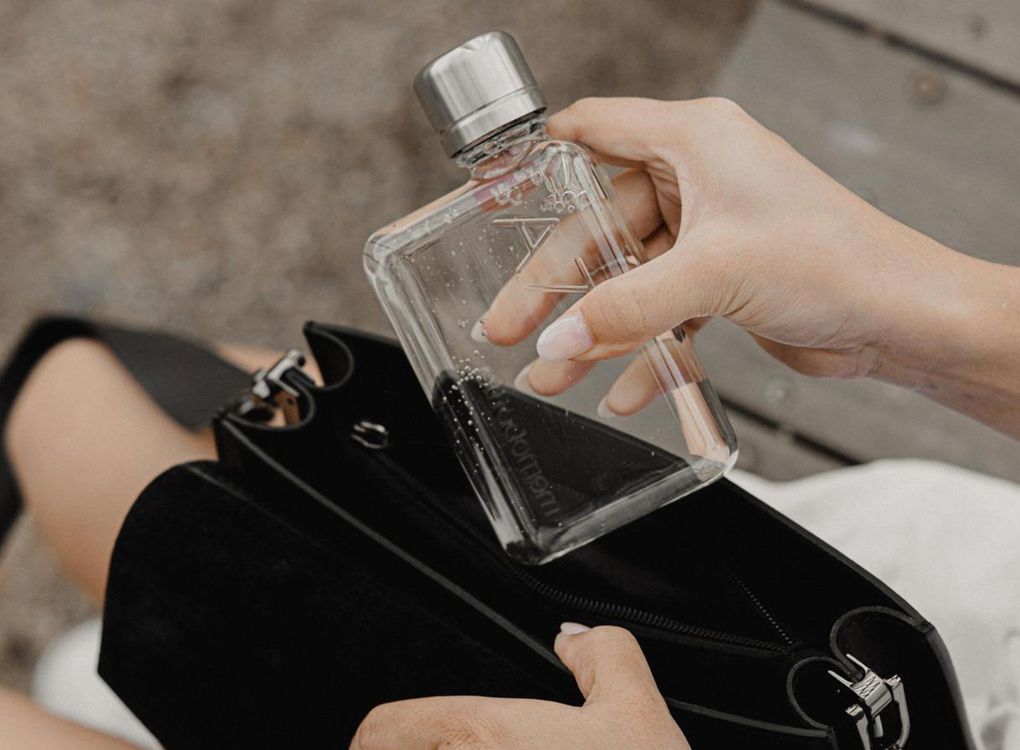 Original clear memobottle in A7 being put into a black handbag