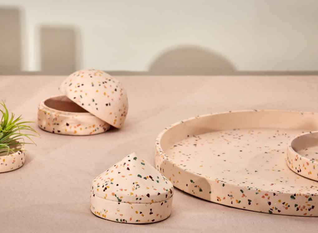 Capra Designs Fossil Terrazzo trays and keepsake jewellery boxes
