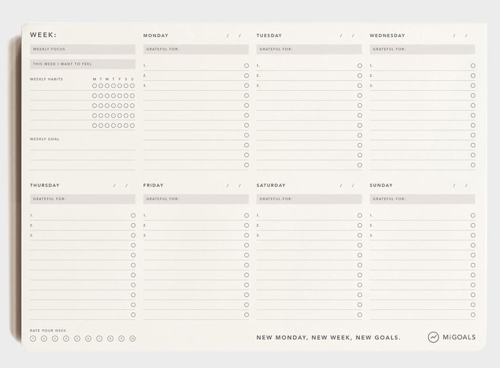 The Weekly Productivity Pad by MiGoals, designed to organise and plan your schedule day by day to help you achieve your goals