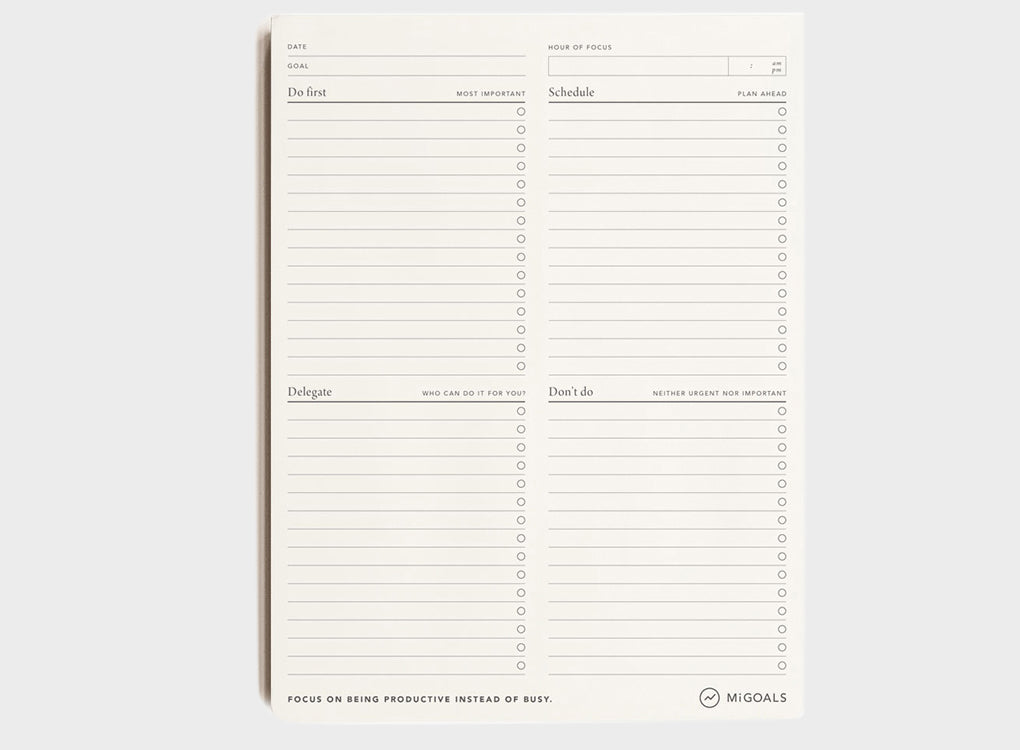 The Focus Productivity Pad by MiGoals, a smart piece of stationery designed to organise your daily schedule in order of importance so you can be as productive as possible