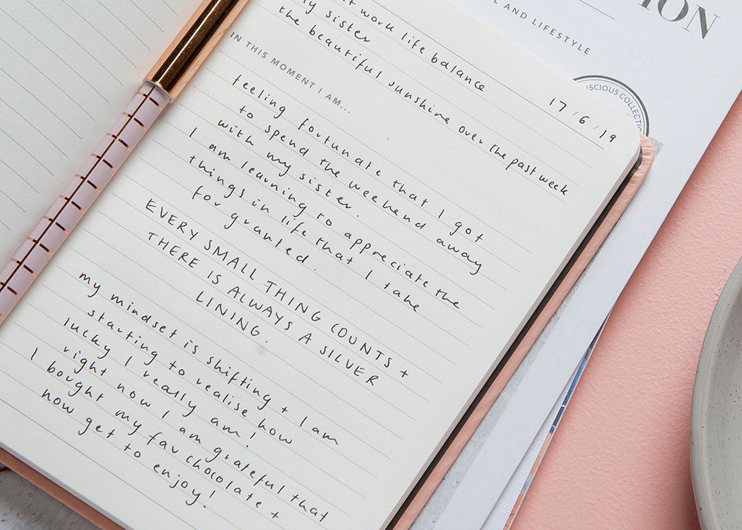 Image of Coral Gratitude Journal with the pages open on top of Weekly Desk Pad