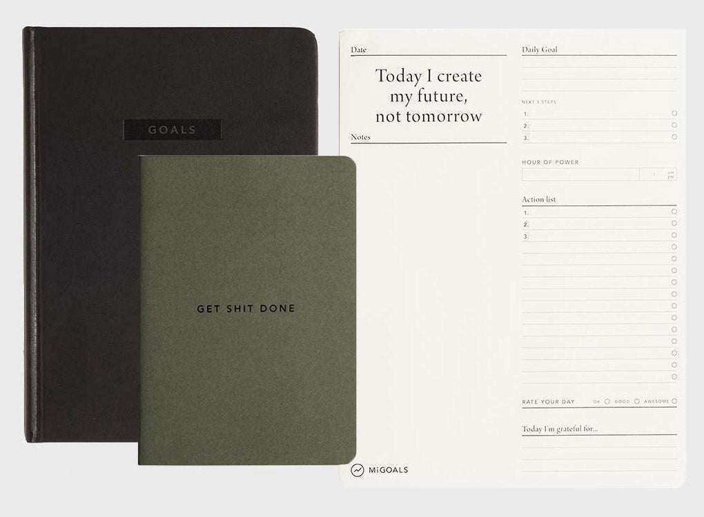 MiGoals bundle of black goals journal, get shit done minimal notebook in khaki and black and a productivity pad