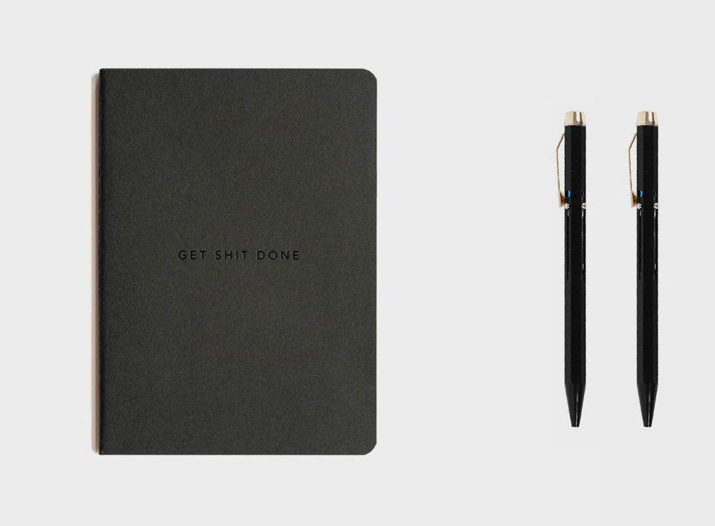 migoals dot grid a6 pocket sized versatile notebook in black with two hightide penco 4 colour ballpoint pens