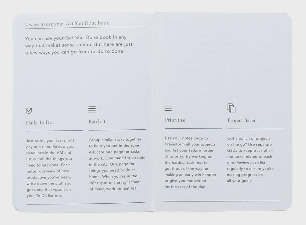 inside pages of migoals bold get shit done to do list and notebook, with notes on the left and a to do list on the right