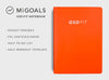 MiGoals GSD fit notebook front cover in infrared orange, with benefits listed such as a pocket friendly size, and the format which is half to do list and half workout template