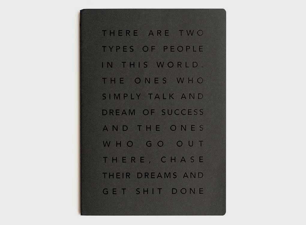 MiGoals manifesto get shit done to-do-list and notebook in black, with a motivational quote on the front cover designed to push you to achieve your goals.