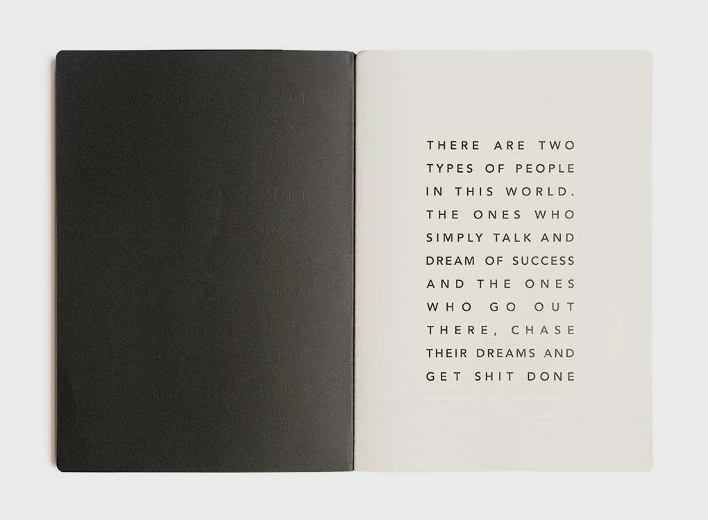 Front inside page of migoals get shit done manifesto to do list notebook, with a motivational and inspirational quote