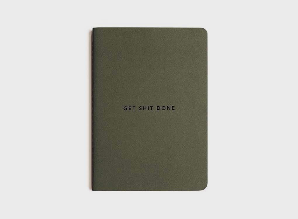 migoals get shit done to do list and notebook in khaki, with a subtle motivational quote on the front, designed to increase productivity and inspire ideas.