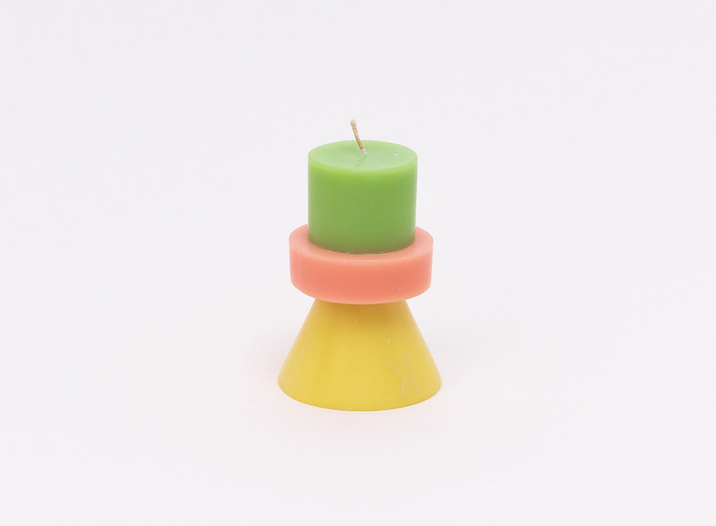 Mini bright coloured candle in lime green coral and yellow by yod and co