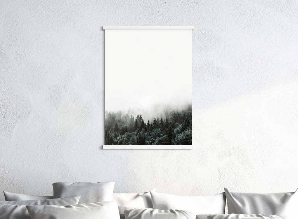 moxon magnetic print frames in white with a misty forest print