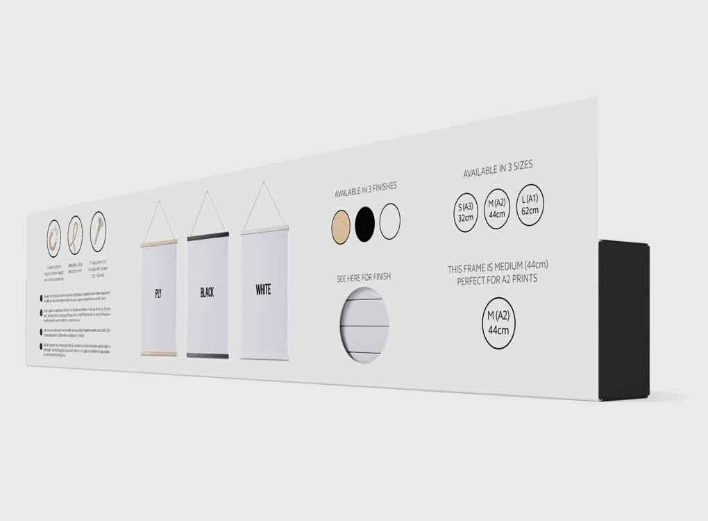 moxon magnetic print frame packaging - back of box, showing different colours available